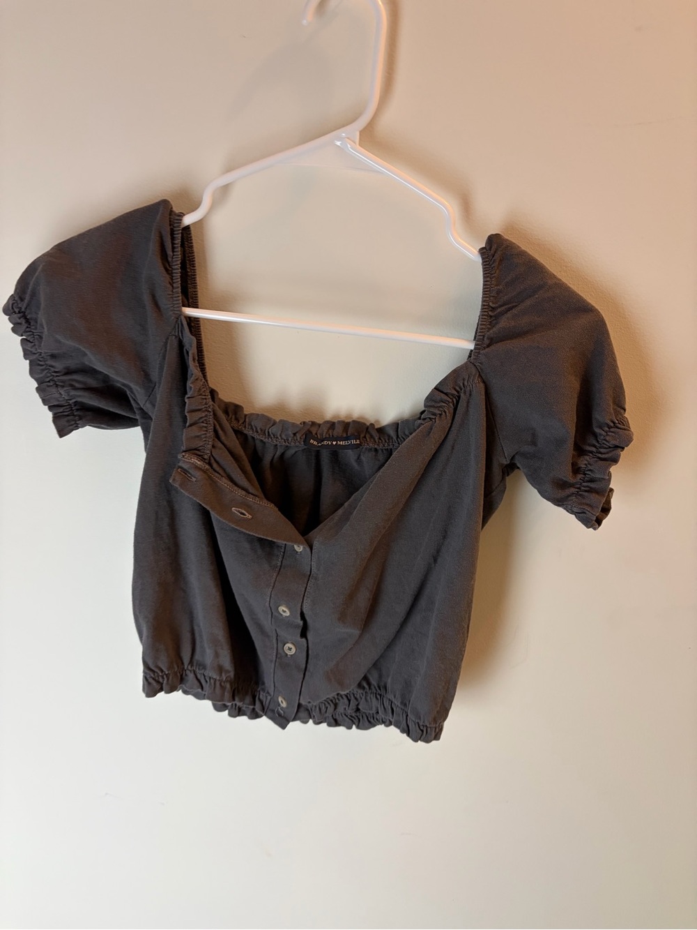 Brandy Melville Charcoal Puff Sleeve Button Crop Top